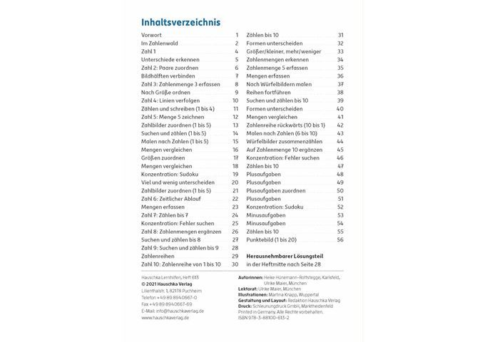 Hauschka Verlag Vorschule: Zahlen entdecken, A5-Heft